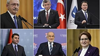 Üst soldan; CHP lideri Kılıçdaroğlu, Gelecek Partisi lideri Davutoğlu, DEVA lideri Babacan, Demokrat Parti lideri Uysal, Saadet lideri Karamollaoğlu, İYİ Parti lideri Akşener