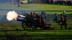 The King's Troop Royal Horse Artillery fire gun salutes to mark the 70th anniversary of the accession to the throne of Britain's Queen Elizabeth, February 7th, 2022