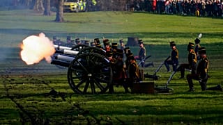 The King's Troop Royal Horse Artillery fire gun salutes to mark the 70th anniversary of the accession to the throne of Britain's Queen Elizabeth, February 7th, 2022