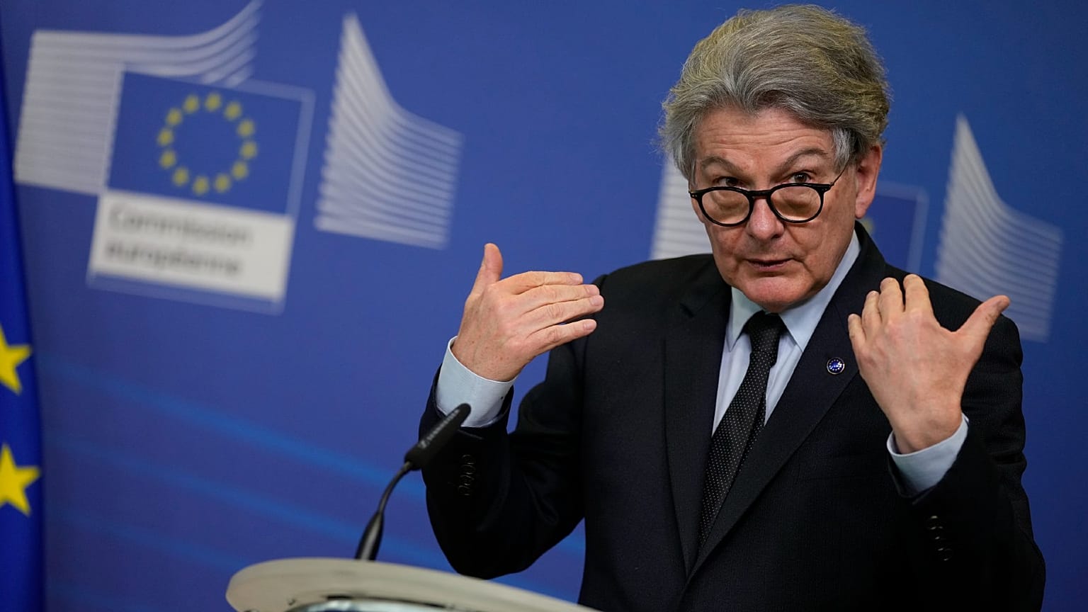 European Commissioner for Internal Market Thierry Breton speaks during a signature ceremony regarding the Chips Act at EU headquarters in Brussels, Tuesday, Feb. 8, 2022.