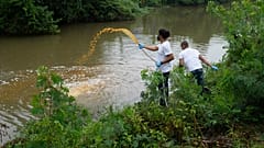 Colaboradores do "Lagoa Viva" despejam microrganismos líquidos na lagoa