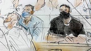 A September sketch shows sketch shows key defendant Salah Abdeslam (R) in the special courtroom built for the 2015 attacks trial.