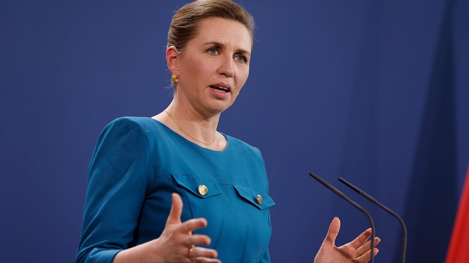 Danish Prime Minister Mette Frederiksen at the Chancellery, in Berlin, Germany, Feb. 9, 2022. 