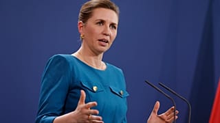 Danish Prime Minister Mette Frederiksen at the Chancellery, in Berlin, Germany, Feb. 9, 2022. 