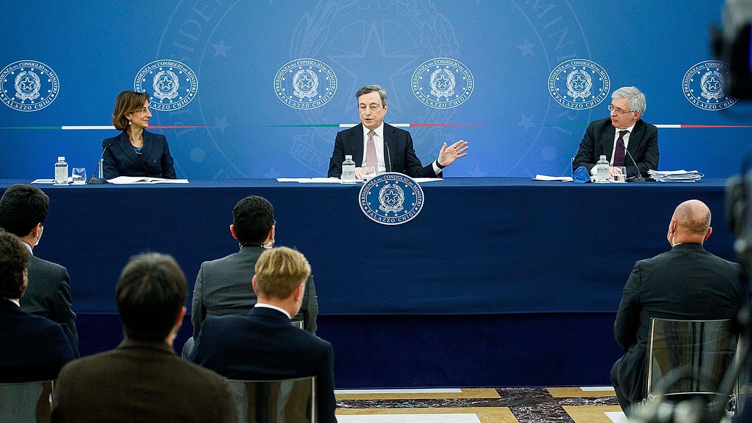 Italian Justice Minister Marta Cartabia, Premier Mario Draghi and Economy and Finance Minister Daniele Franco meet the media following a cabinet meeting in Rome on Friday