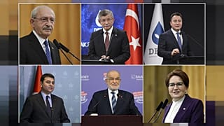 Üst soldan; CHP lideri Kılıçdaroğlu, Gelecek Partisi lideri Davutoğlu, DEVA lideri Babacan, Demokrat Parti lideri Uysal, Saadet lideri Karamollaoğlu, İYİ Parti lideri Akşener