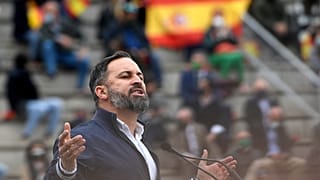 Leader of the far-right party Vox, Santiago Abascal gives a speech during a campaign meeting at the bullring in San Sebastian de los Reyes, near Madrid, on April 24, 2021.