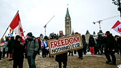 Don Stephens, 65, a retired graphic designer, holds a sign on Parliament Hill to support trucks lined up in protest of COVID-19 vaccine mandates and restrictions in Ottawa.