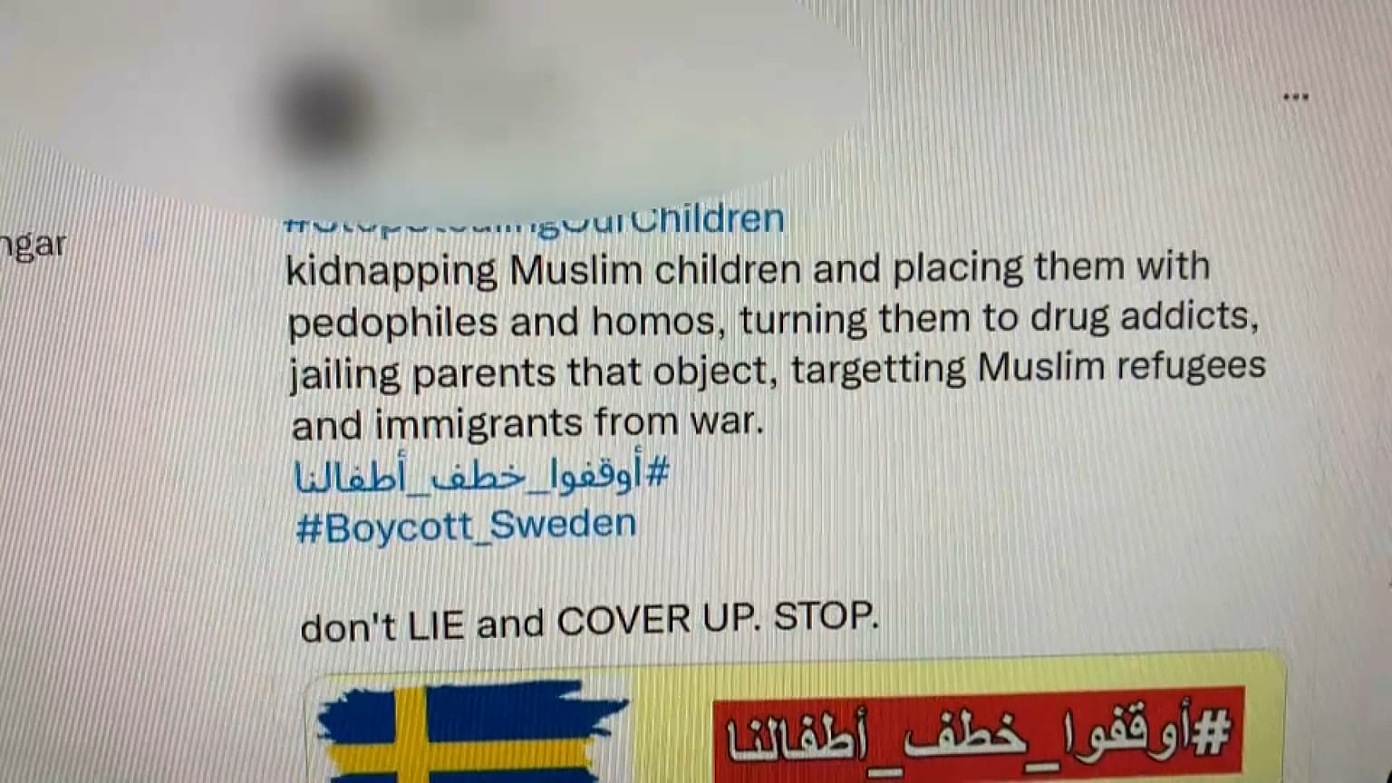 صورة لتغريدة على تويتر بشأن حملة اختطاف الأطفال في السويد 