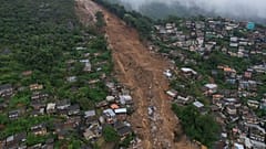 An aerial view shows neighborhood affected by landslides in Petropolis, Brazil, Wednesday, Feb. 16, 2022. 