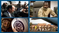 de g. à dr, de ht en bas : F. Hollande à Tombouctou (2/2/2013), le colonel Assimi Goïta (22/08/2020), blason de l'opération Barkhane, départ de soldats français (9/6/2021)