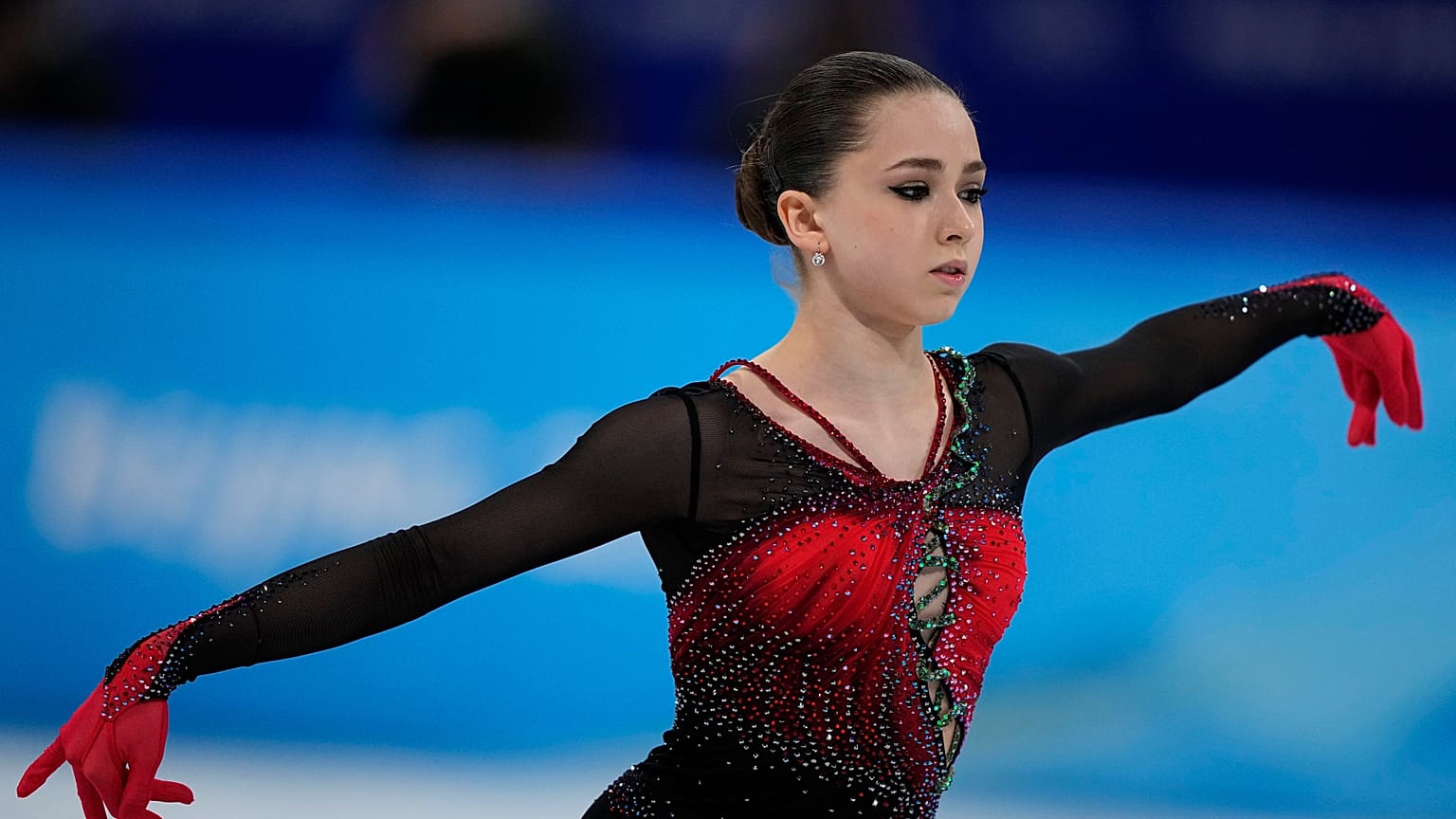 Kamila Valieva, of the Russian Olympic Committee, competes in the women's free skate program during the figure skating competition at the 2022 Winter Olympics.