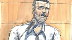 Ce croquis d'audience réalisé le 18 février 2022 montre Nordahl Lelandais au dernier jour de son procès pour enlèvement et meurtre de Maelys de Araujo en août 2017. 