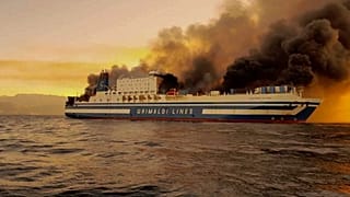 A ferry is on fire at the Ionian Sea near the island of Corfu, Greece, on Friday, Feb. 18, 2022.