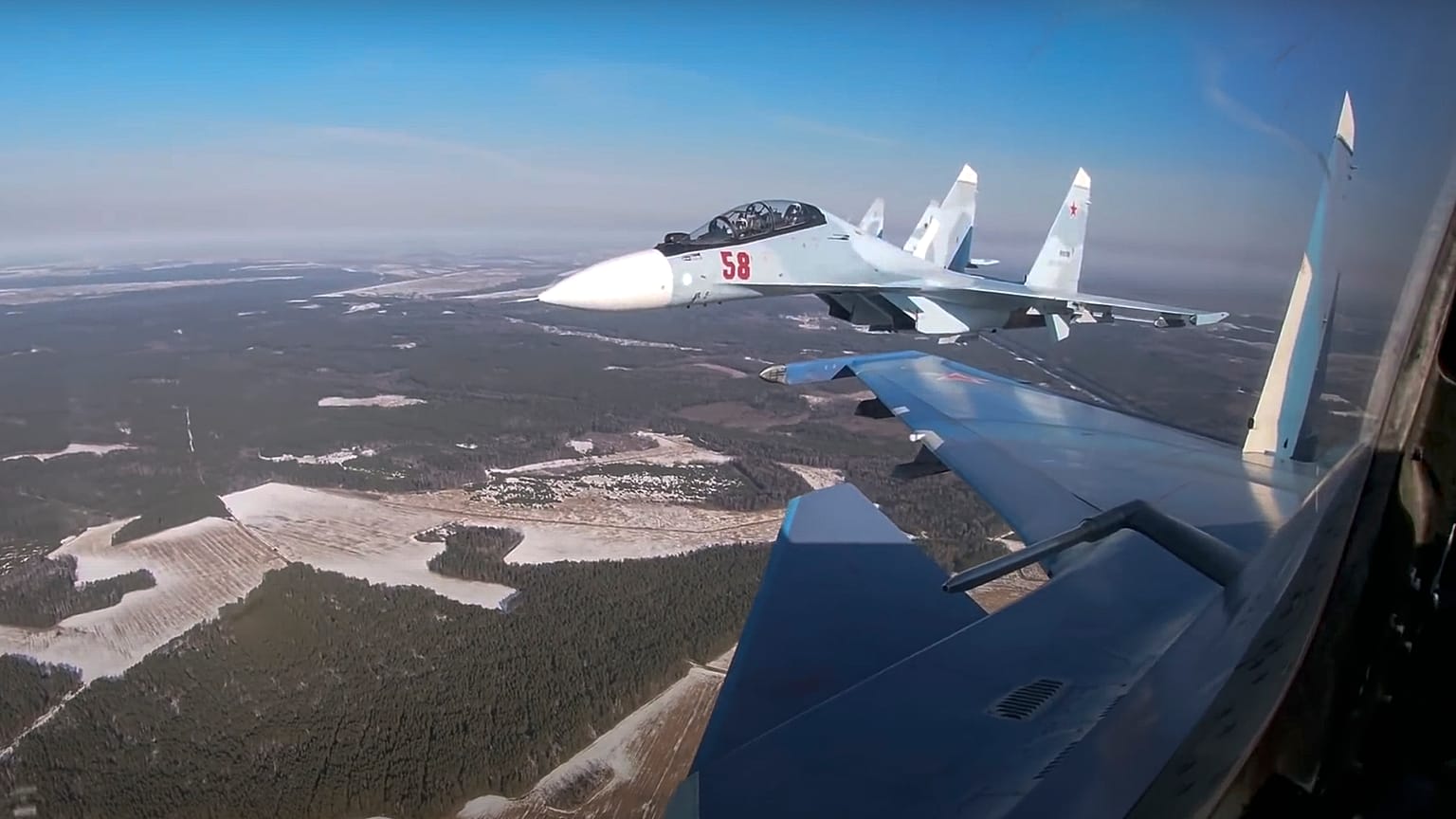 Su-30 fighters of the Russian and Belarusian air forces fly in a joint mission during the Union Courage-2022 Russia-Belarus military drills in Belarus.