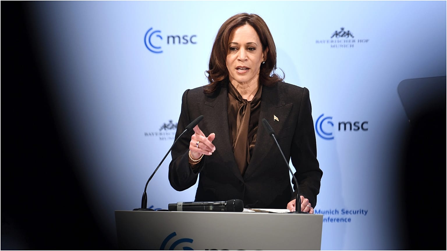 كامالا هاريس نائب الرئيس الأميركي أثناء إلقائها كلمة في مؤتمر ميونيخ للأمن 19 فبراير 2022