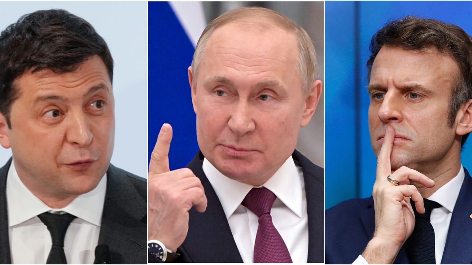 الرئيس الفرنسي إيمانويل ماكرون الرئيس الروسي فلاديمير بوتين والرئيس الأوكراني فولوديمير زيلينسكي