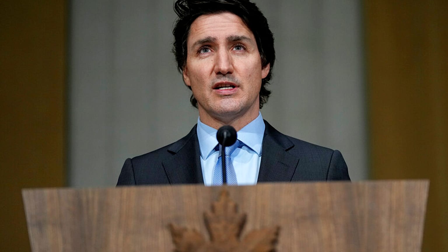 Justin Trudeau miniszterelnök beszél az ukrajnai helyzetről Ottawában 2022. február 22-én, kedden. 