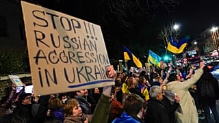 Manifestation contre Moscou devant l'ambassade de Russie à Londres, 23 février 2022. 
