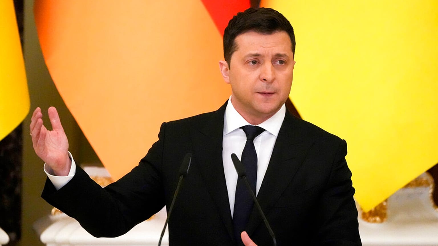 Ukrainian President Volodymyr Zelenskyy at the Mariinskyi Palace in Kyiv, Ukraine, Feb. 14, 2022.