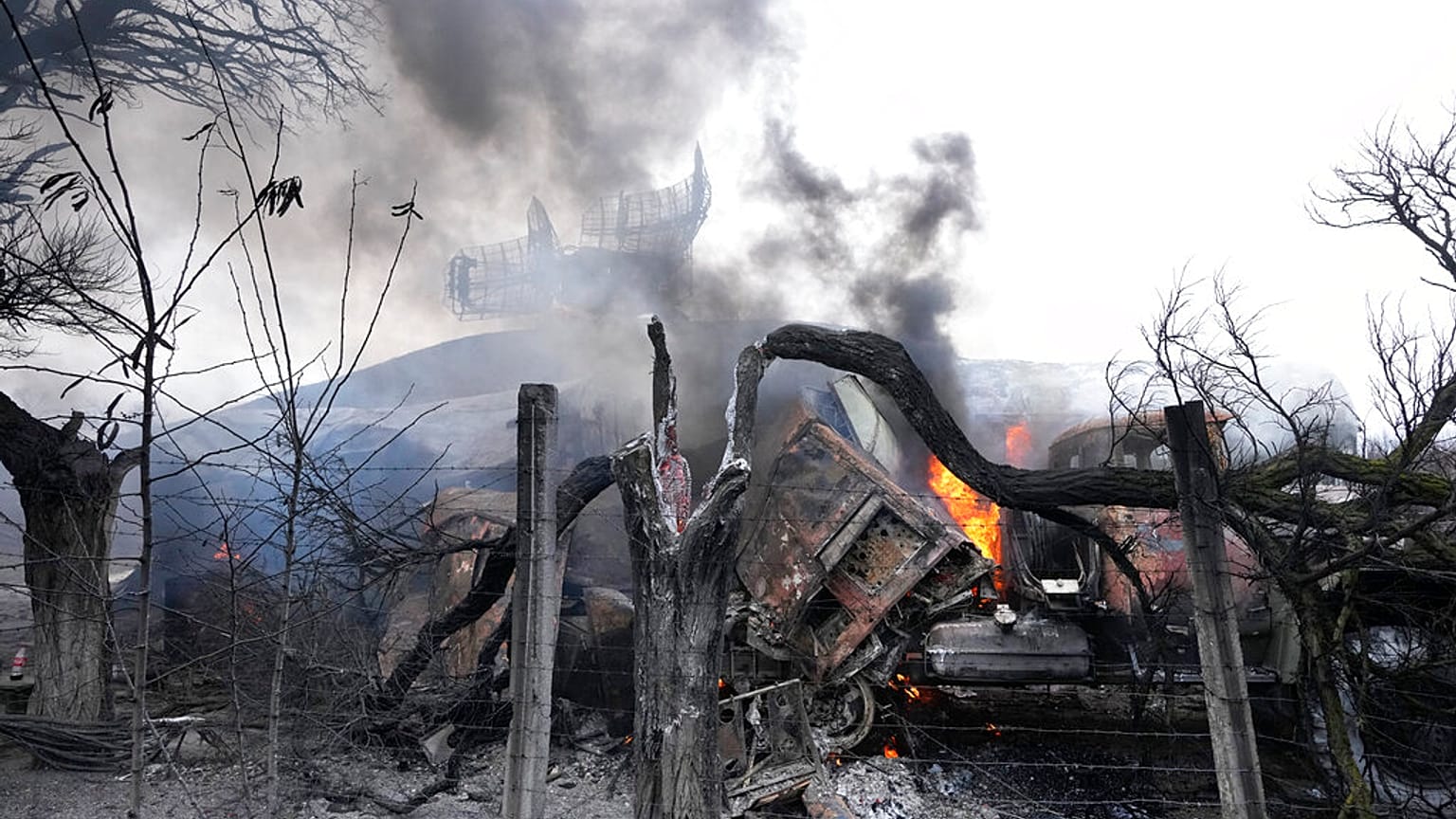 Damaged radar arrays and other equipment is seen at Ukrainian military facility outside Mariupol, Ukraine, Feb. 24, 2022.