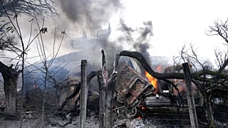 Damaged radar arrays and other equipment is seen at Ukrainian military facility outside Mariupol, Ukraine, Feb. 24, 2022.
