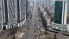 Long lines of traffic heading out of Kyiv