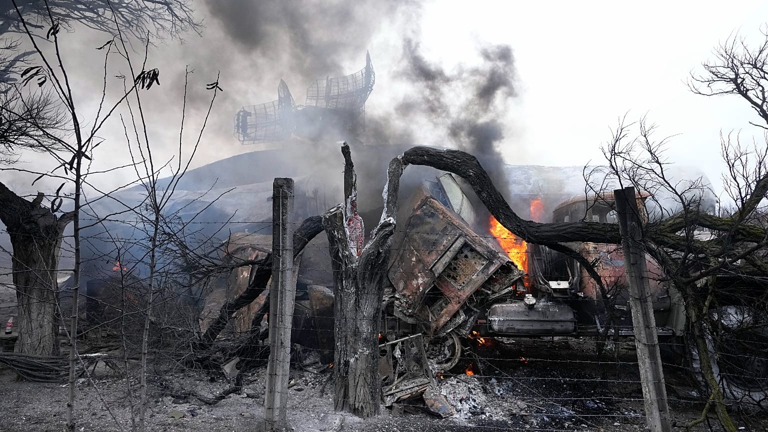 Damaged radar arrays and other equipment is seen at Ukrainian military facility outside Mariupol