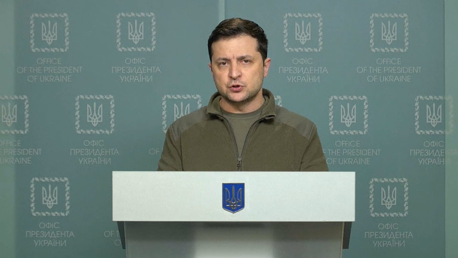 El presidente Volodímir Zelenski durante su discurso del viernes 25 de febrero
