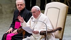 Pope Francis speaks during his weekly general audience in the Paul VI Hall at the Vatican, Wednesday, Feb. 23, 2022.
