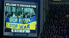 A screen shows support for Ukraine before the English Premier League match between Everton and Manchester City at Goodison Park in Liverpool.
