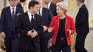 Ukrainian President Volodymyr Zelenskyy, left, and European Commission President Ursula von der Leyen