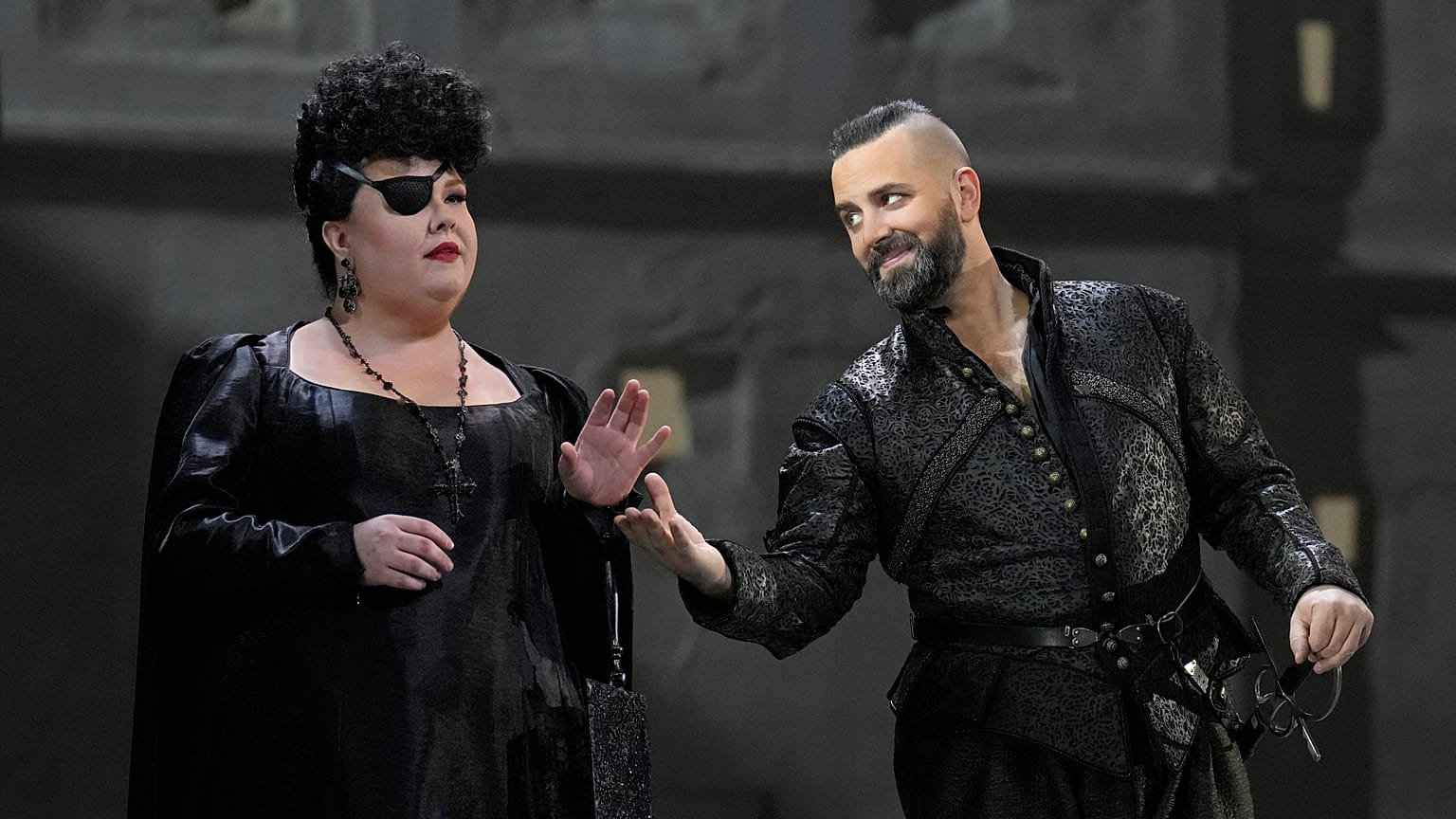 Jamie Barton as Princess Eboli, left, and Etienne Dupuis as Rodrigue in Verdi's "Don Carlos." The Metropolitan Opera is presenting the original French version