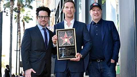 JJ Abrams, from left, Benedict Cumberbatch and Kevin Feige attend a ceremony honoring Cumberbatch with a star on the Hollywood Walk of Fame, Monday, Feb. 28, 2022, in LA