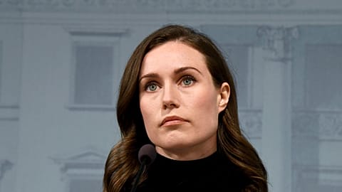 Finland's Prime Minister Sanna Marin attends a press conference in Helsinki.
