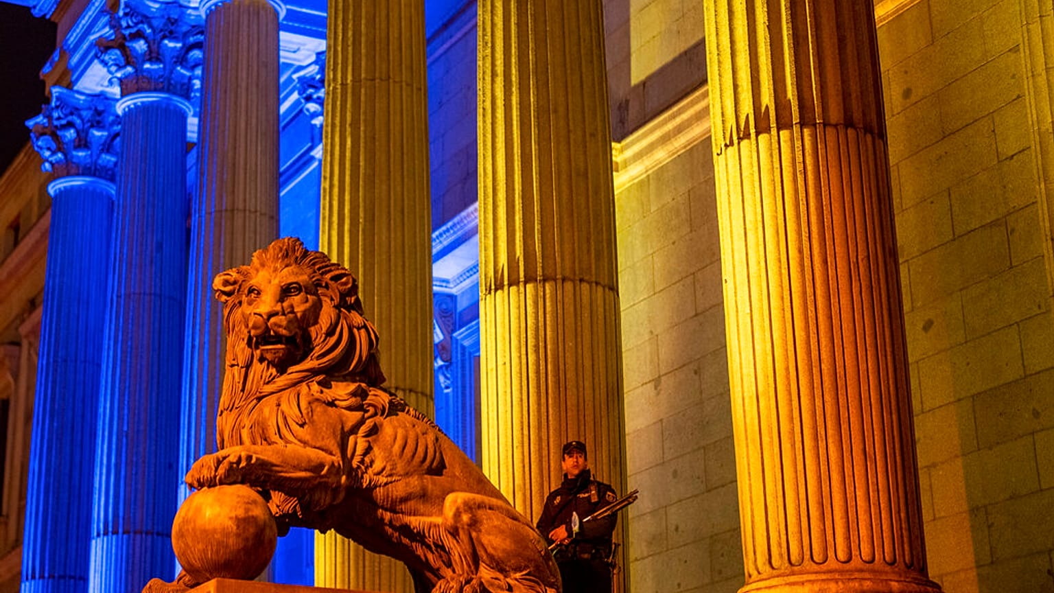 The Spanish parliament lit with the colors of the Ukrainian flag in Madrid, Spain