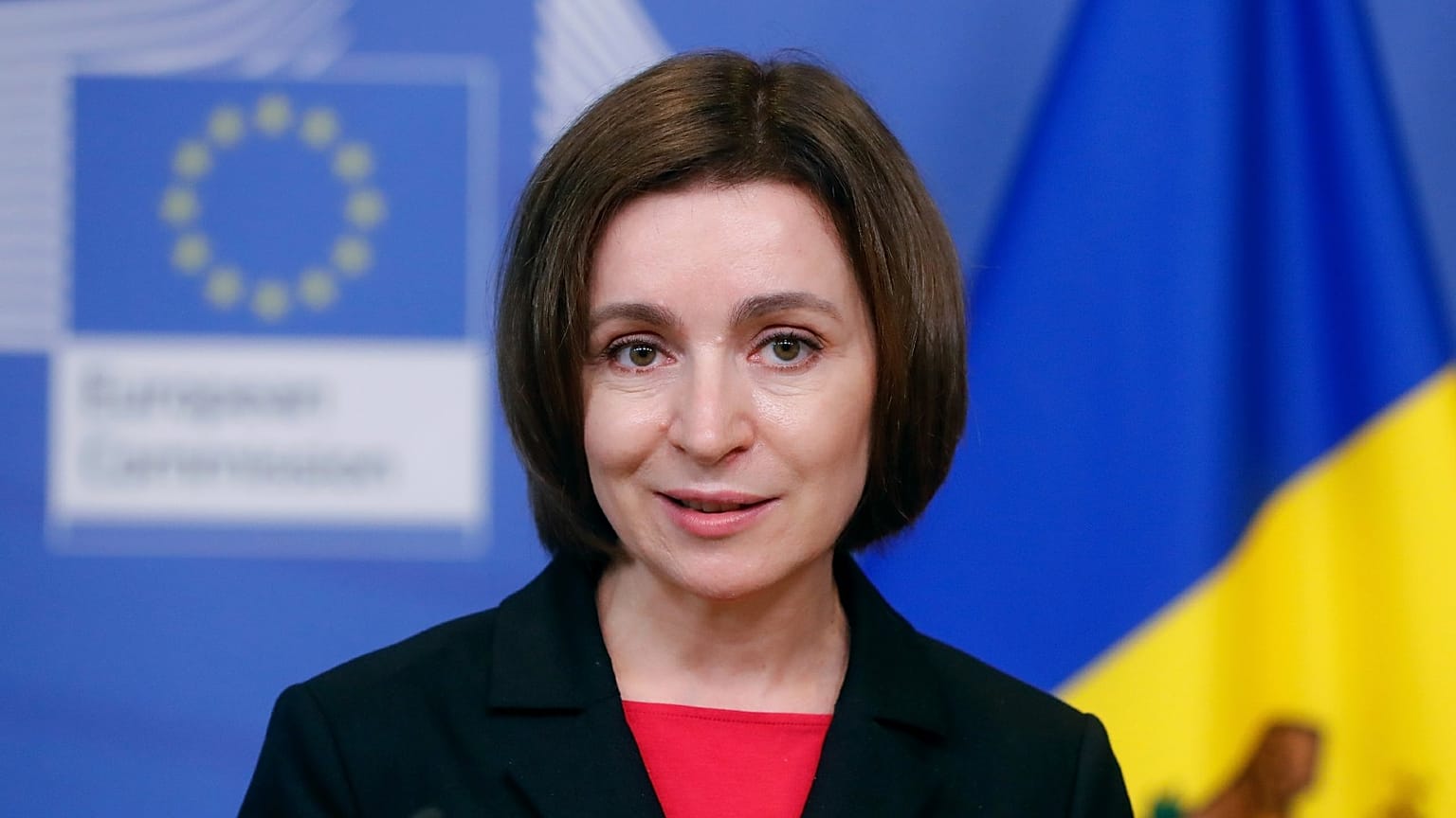 Moldova's President Maia Sandu on the sidelines of an Eastern Partnership Summit in Brussels, Dec. 15, 2021.