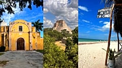 A beautiful church in Chocholá, the main pyramid in Uxmal, and Celestún beach.