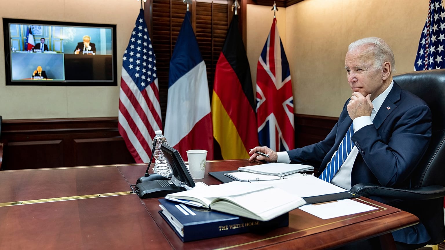 President Joe Biden listens during a secure video call with European allies in the Situation Room at the White House, Monday, March 7, 2022.