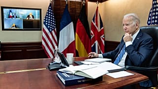 President Joe Biden listens during a secure video call with European allies in the Situation Room at the White House, Monday, March 7, 2022.