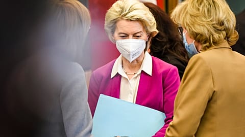 Ursula von der Leyen listens during a meeting with European Commissioners in Strasbourg.