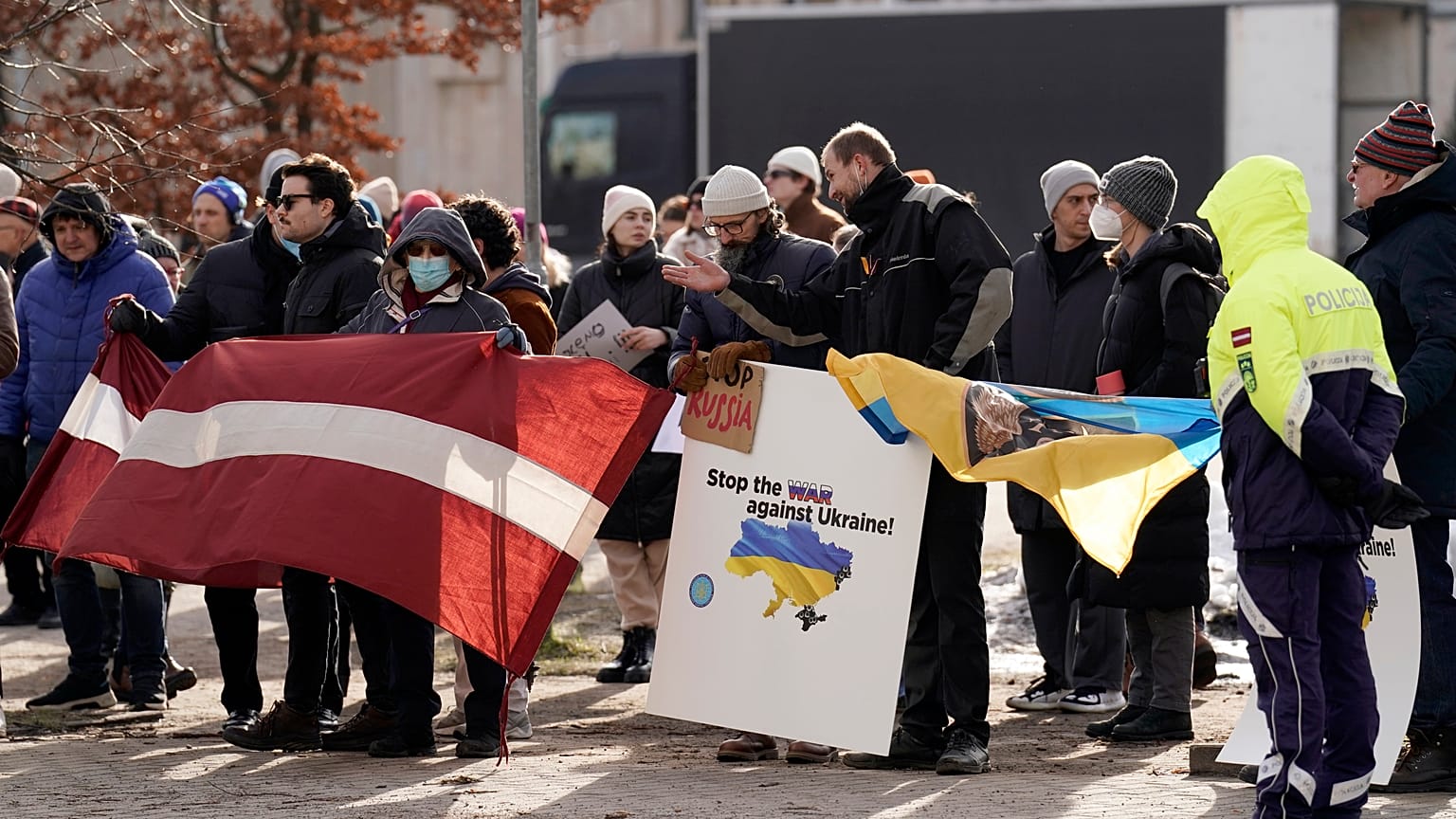 A demonstration in support of Ukraine in front of the Russian Embassy in Riga in February.
