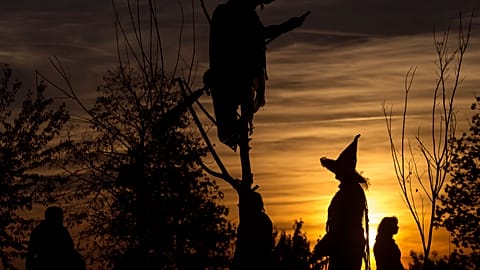 A visitor in a witch's hat during Halloween in Leipzig, eastern Germany.