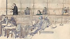 Un croquis d'audience réalisé le 2 mars, montre Farid Khelil (en vert) lors du procès de l'attentat de Saint-Étienne-du-Rouvray en 2016.
