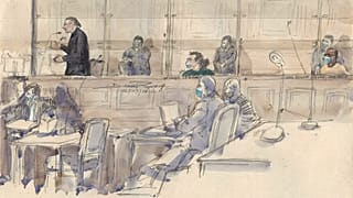 Un croquis d'audience réalisé le 2 mars, montre Farid Khelil (en vert) lors du procès de l'attentat de Saint-Étienne-du-Rouvray en 2016.