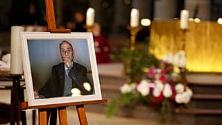 A photo of Father Jacques Hamel is on display during his funeral mass at the Rouen cathedral in Normandy.