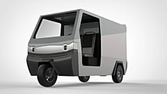 Image shows Bako Motos's three-wheeled, fully electric solar-powered vehicle