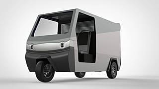 Image shows Bako Motos's three-wheeled, fully electric solar-powered vehicle