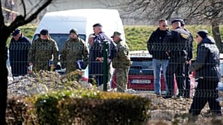 Police inspect site of a drone crash in Zagreb, Croatia, Friday, 11 March 2022