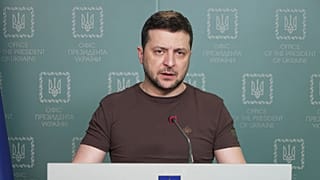 Ukrainian President Volodymyr Zelenskyy speaks in Kyiv, Ukraine, on March 10, 2022. 